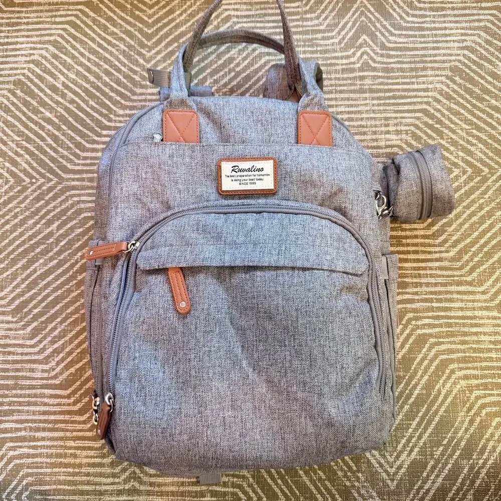 Ruwalino Gray Diaper Bag Backpack Large Multi Pocket Baby Travel Backpack